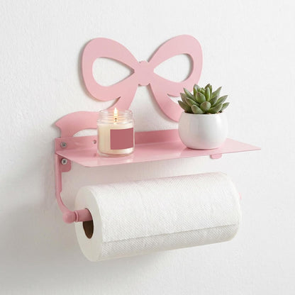 Toilet Paper Holder with Phone Shelf - Pink Bow Wall Mount Tissue Roll Holder - Decorative Tissue Dispenser Stand - Wedding Bathroom Decor Accessory