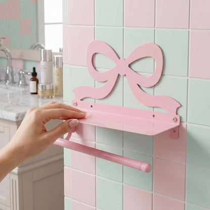 Toilet Paper Holder with Phone Shelf - Pink Bow Wall Mount Tissue Roll Holder - Decorative Tissue Dispenser Stand - Wedding Bathroom Decor Accessory