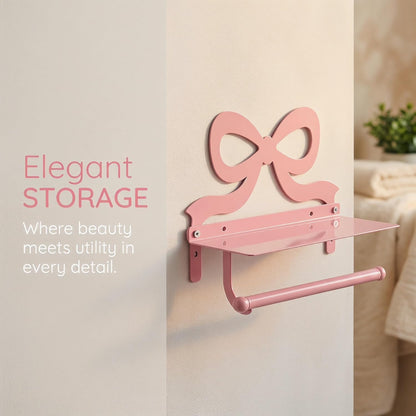 Toilet Paper Holder with Phone Shelf - Pink Bow Wall Mount Tissue Roll Holder - Decorative Tissue Dispenser Stand - Wedding Bathroom Decor Accessory