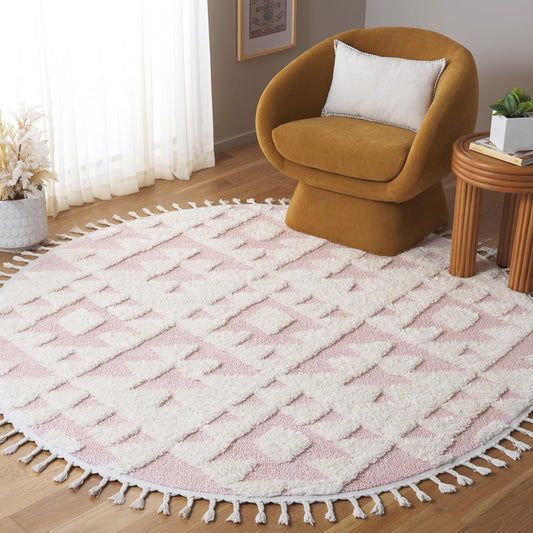 Moroccan Tassel Shag Collection Area Rug - 3' Round, Ivory & Pink, Non-Shedding & Easy to Clean, Plush High-Low Texture, Ideal for Living Room, Bedroom, Dining Space (MTS688U)