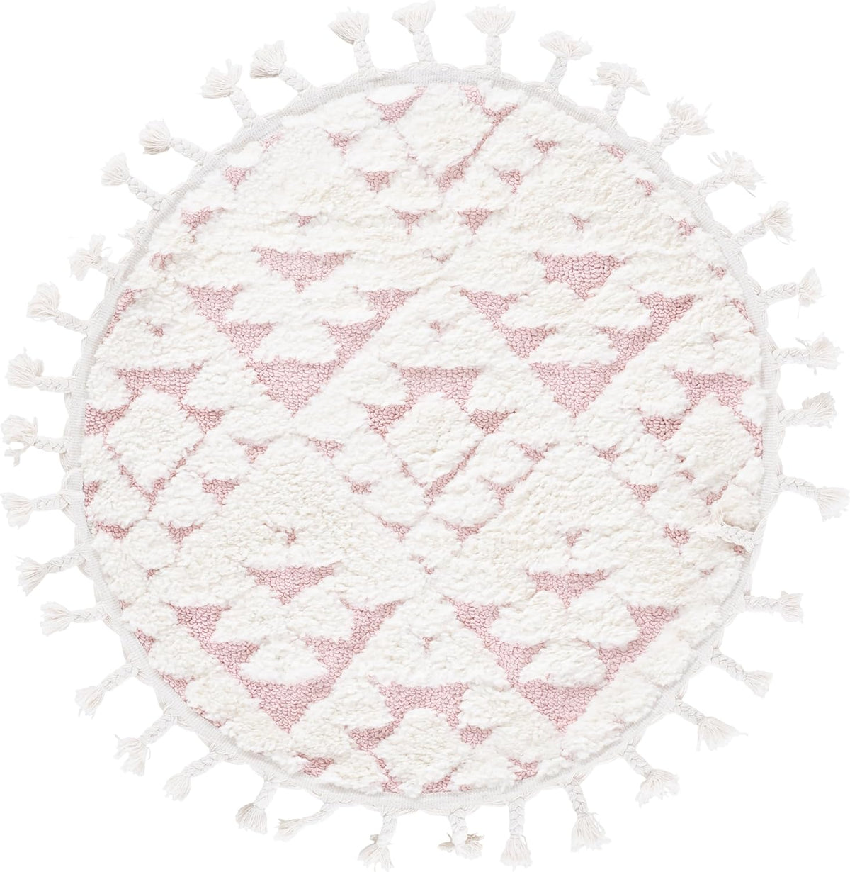 Moroccan Tassel Shag Collection Area Rug - 3' Round, Ivory & Pink, Non-Shedding & Easy to Clean, Plush High-Low Texture, Ideal for Living Room, Bedroom, Dining Space (MTS688U)