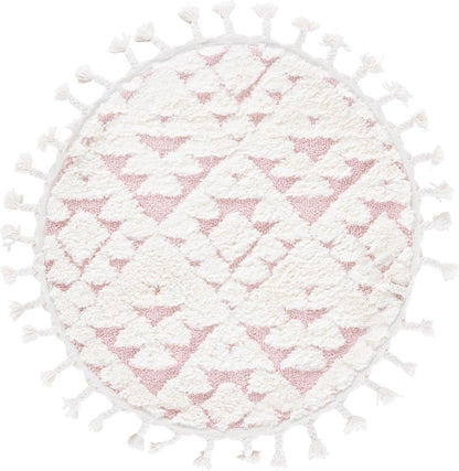 Moroccan Tassel Shag Collection Area Rug - 3' Round, Ivory & Pink, Non-Shedding & Easy to Clean, Plush High-Low Texture, Ideal for Living Room, Bedroom, Dining Space (MTS688U)