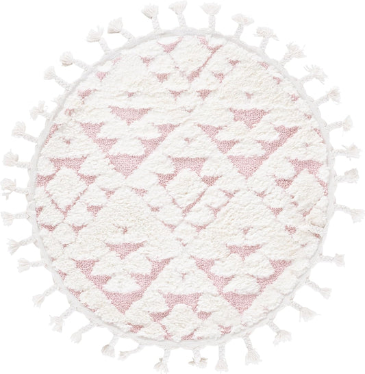 Moroccan Tassel Shag Collection Area Rug - 3' Round, Ivory & Pink, Non-Shedding & Easy to Clean, Plush High-Low Texture, Ideal for Living Room, Bedroom, Dining Space (MTS688U)