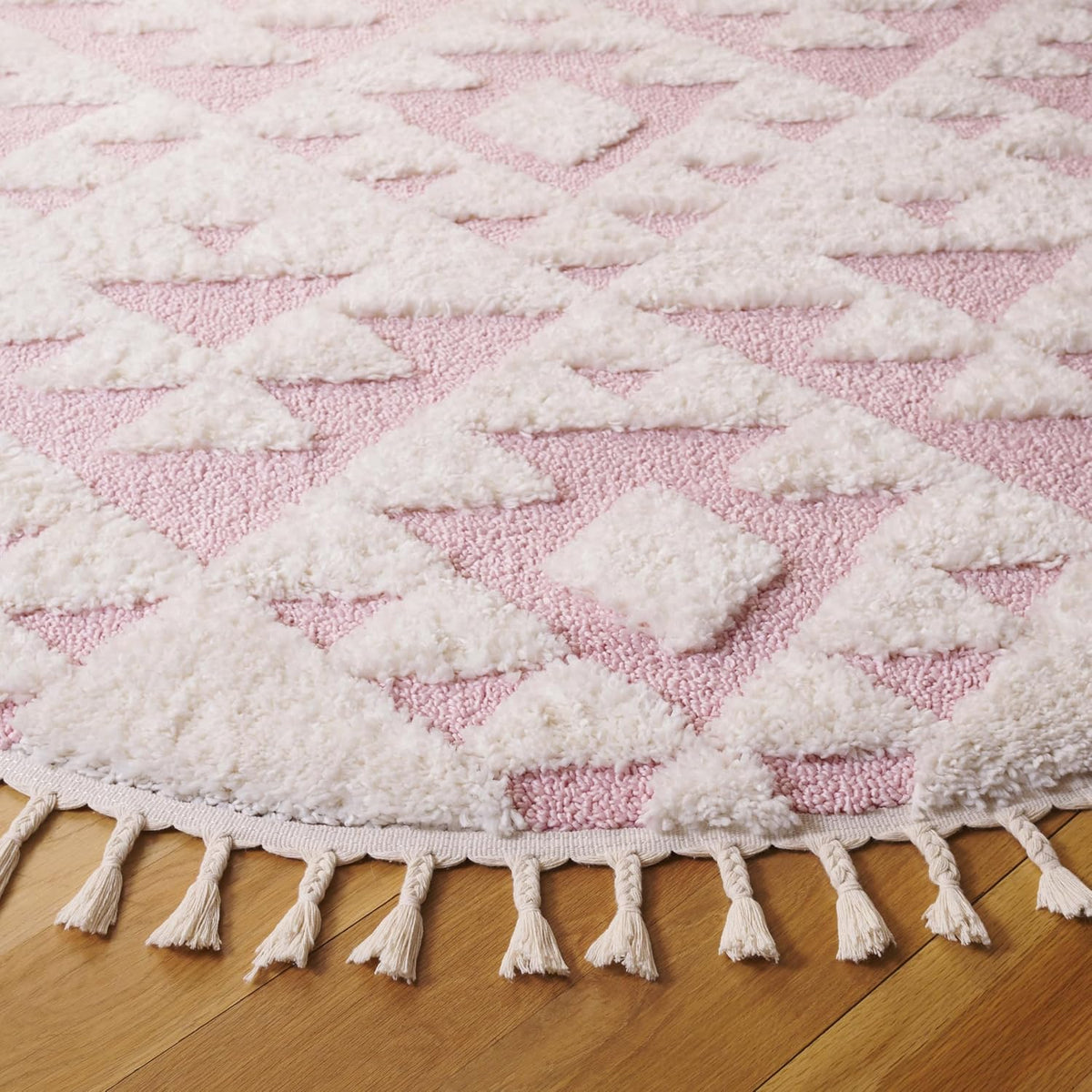 Moroccan Tassel Shag Collection Area Rug - 3' Round, Ivory & Pink, Non-Shedding & Easy to Clean, Plush High-Low Texture, Ideal for Living Room, Bedroom, Dining Space (MTS688U)