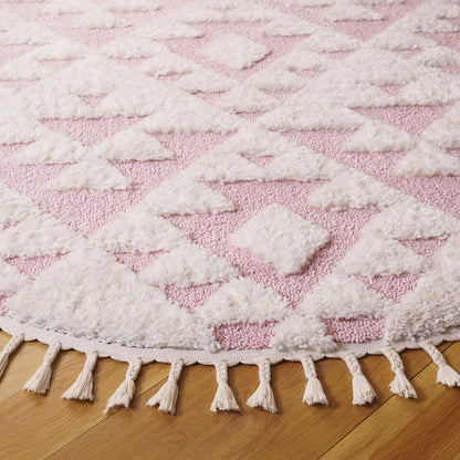 Moroccan Tassel Shag Collection Area Rug - 3' Round, Ivory & Pink, Non-Shedding & Easy to Clean, Plush High-Low Texture, Ideal for Living Room, Bedroom, Dining Space (MTS688U)