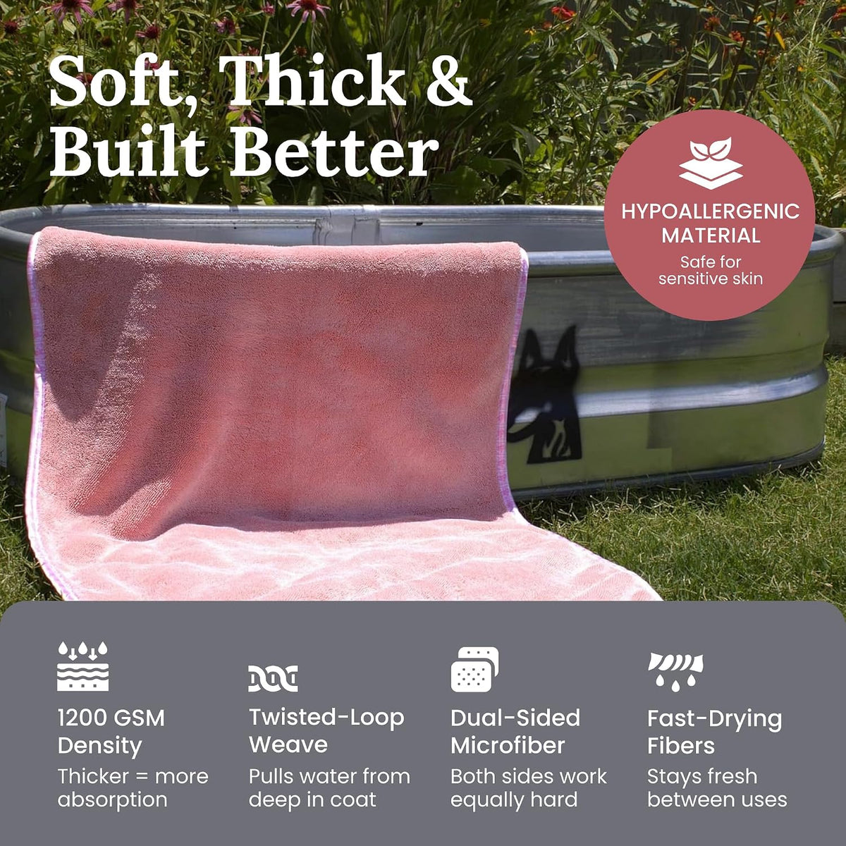 Dog Drying Towel for Dogs – Extra Large 24" x 35" Microfiber Dog Bath Towel, 1200 GSM Twisted Loop, Ultra Absorbent, Edgeless, Quick Dry for Bath, Beach & Travel, Pink