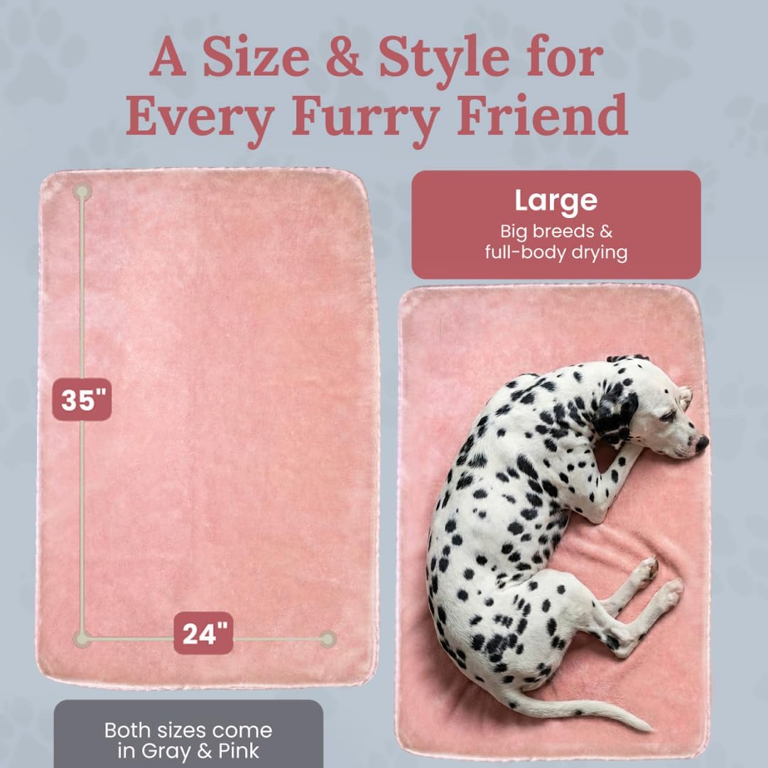 Dog Drying Towel for Dogs – Extra Large 24" x 35" Microfiber Dog Bath Towel, 1200 GSM Twisted Loop, Ultra Absorbent, Edgeless, Quick Dry for Bath, Beach & Travel, Pink