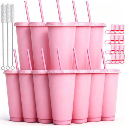 24 oz Reusable Plastic Cups, Custom Cups for Party with Lids and Straws, 12 Pack Iced Coffee Travel Mugs or Mean Girls Party Tumblers, Leak-Proof Coffee Travel Mug (12, Pink)