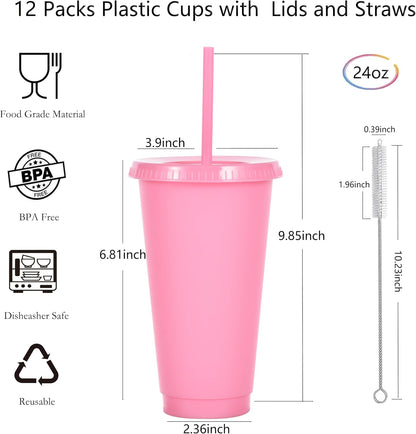 24 oz Reusable Plastic Cups, Custom Cups for Party with Lids and Straws, 12 Pack Iced Coffee Travel Mugs or Mean Girls Party Tumblers, Leak-Proof Coffee Travel Mug (12, Pink)