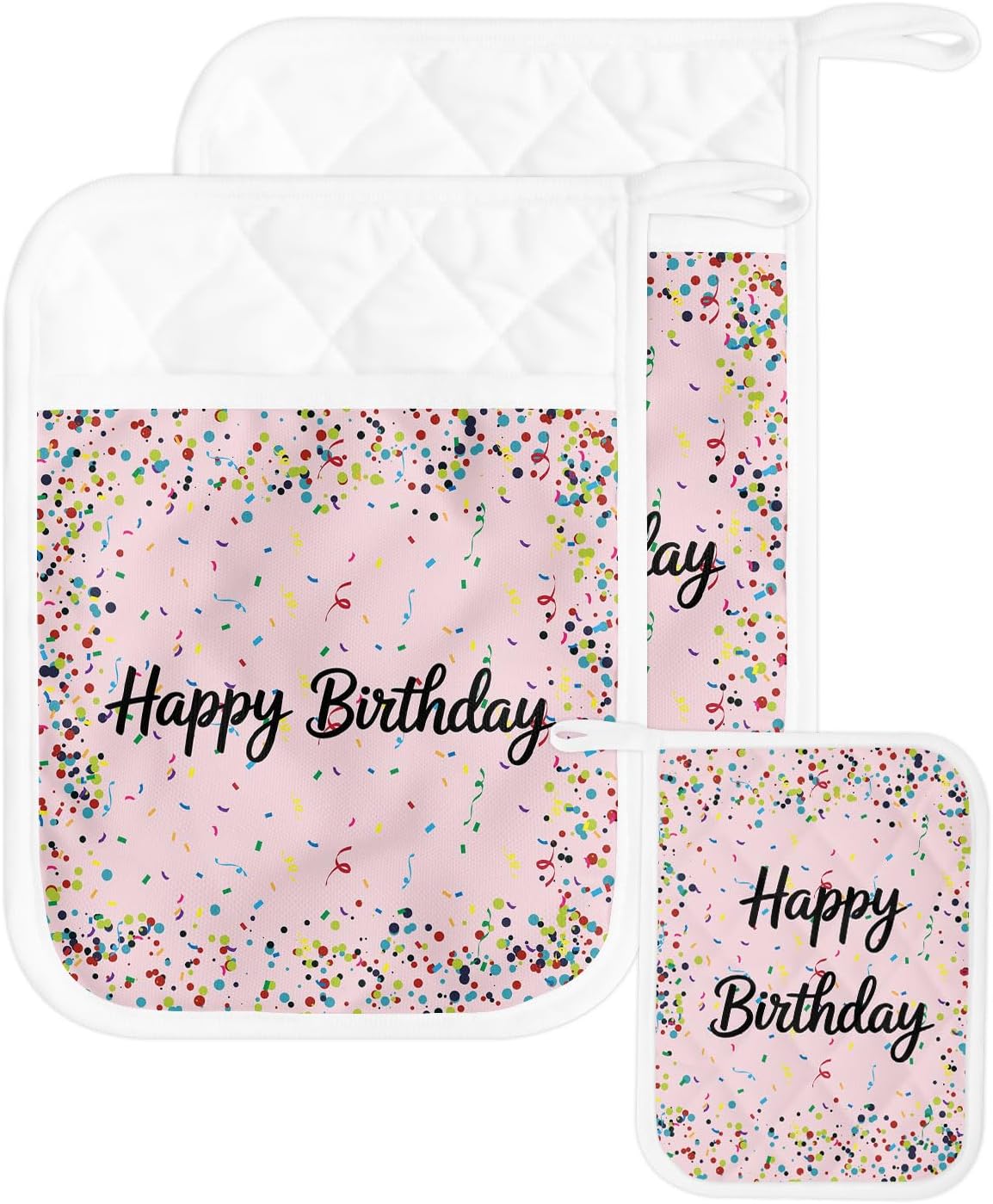 Pot Holders for Kitchen, Happy Birthday Pot Holder Set of 2 Heat Resistance Potholders with Pocket Polka Dot Ribbon Celebration Light Pink Oven Hot Pads Sets for Cooking Baking BBQ Gifts 7"x9"