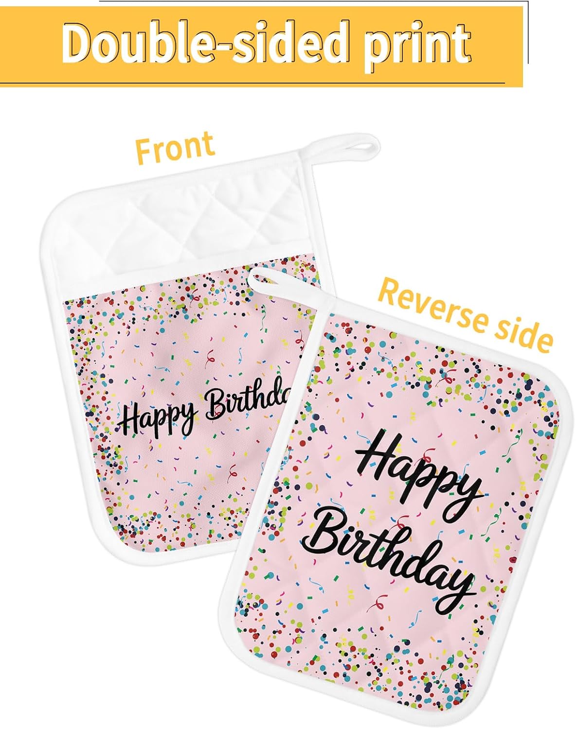 Pot Holders for Kitchen, Happy Birthday Pot Holder Set of 2 Heat Resistance Potholders with Pocket Polka Dot Ribbon Celebration Light Pink Oven Hot Pads Sets for Cooking Baking BBQ Gifts 7"x9"