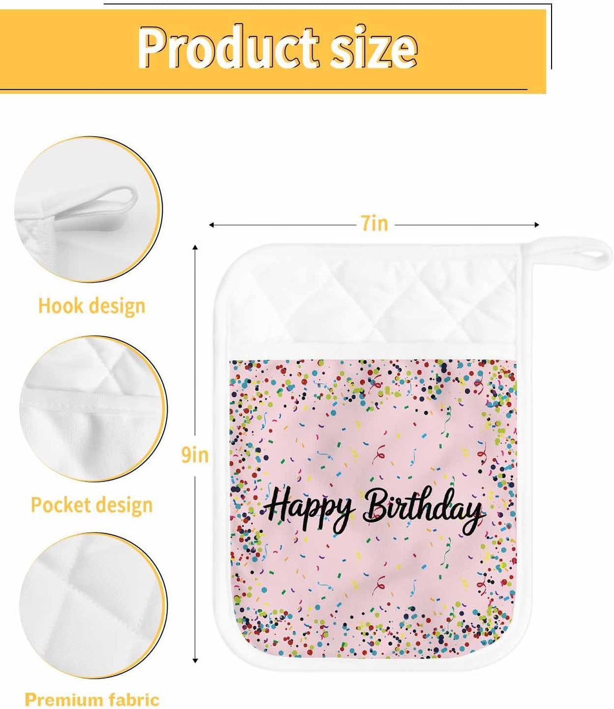Pot Holders for Kitchen, Happy Birthday Pot Holder Set of 2 Heat Resistance Potholders with Pocket Polka Dot Ribbon Celebration Light Pink Oven Hot Pads Sets for Cooking Baking BBQ Gifts 7"x9"