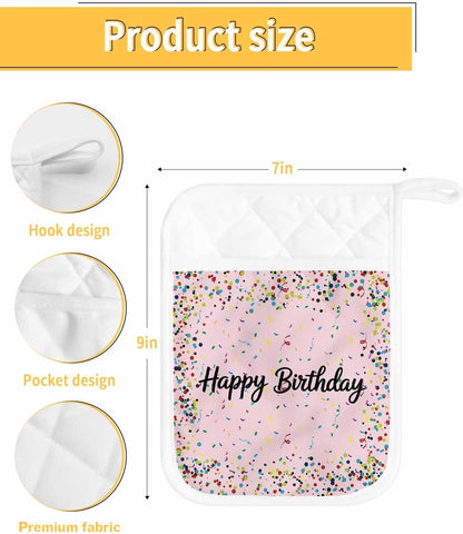 Pot Holders for Kitchen, Happy Birthday Pot Holder Set of 2 Heat Resistance Potholders with Pocket Polka Dot Ribbon Celebration Light Pink Oven Hot Pads Sets for Cooking Baking BBQ Gifts 7"x9"