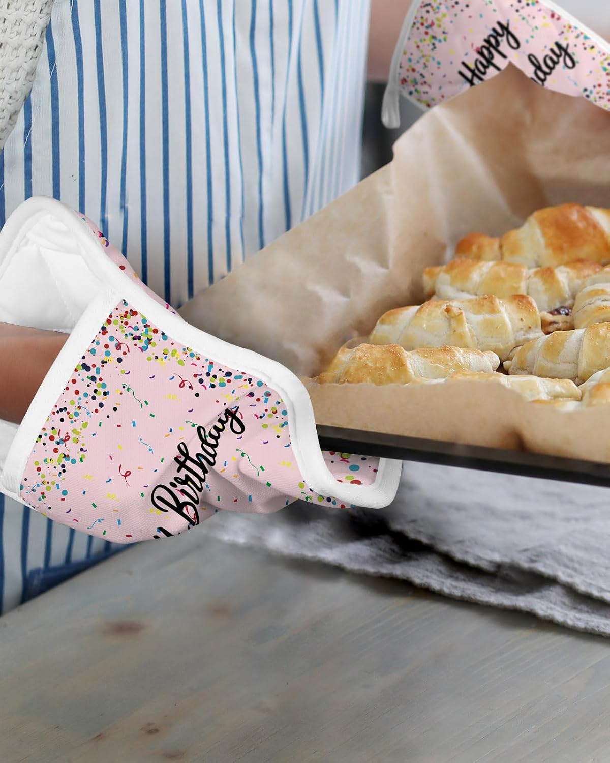 Pot Holders for Kitchen, Happy Birthday Pot Holder Set of 2 Heat Resistance Potholders with Pocket Polka Dot Ribbon Celebration Light Pink Oven Hot Pads Sets for Cooking Baking BBQ Gifts 7"x9"
