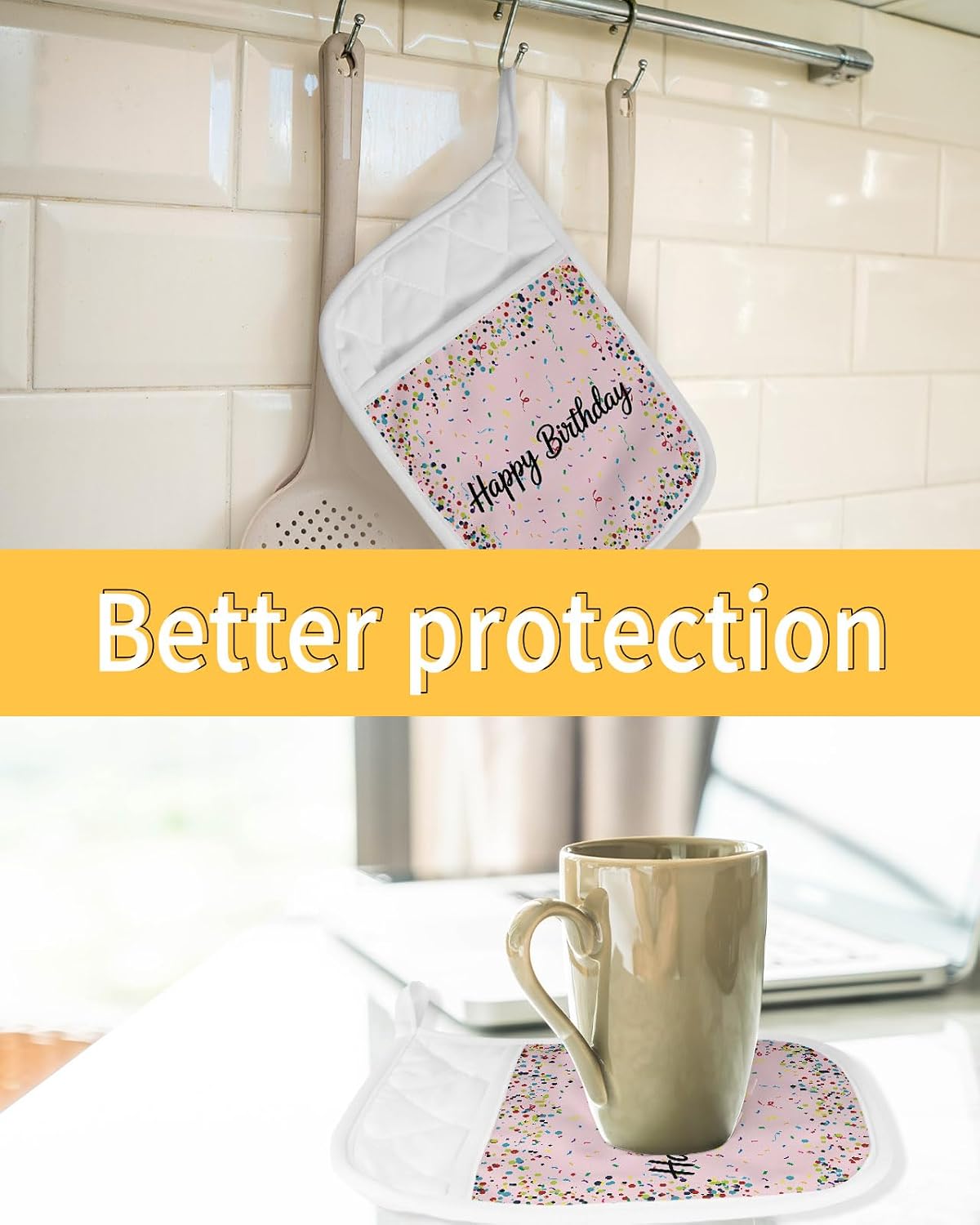 Pot Holders for Kitchen, Happy Birthday Pot Holder Set of 2 Heat Resistance Potholders with Pocket Polka Dot Ribbon Celebration Light Pink Oven Hot Pads Sets for Cooking Baking BBQ Gifts 7"x9"