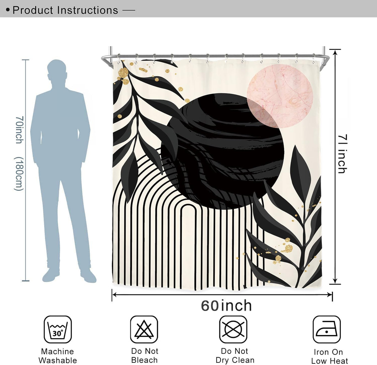 Abstract Modern Shower Curtain Set 60Wx71H Inches Minimalist Aesthetic Black Pink Contemporary Plant Leaves Neutral Polyester Waterproof Cloth Bathroom Curtain with 12 Hooks