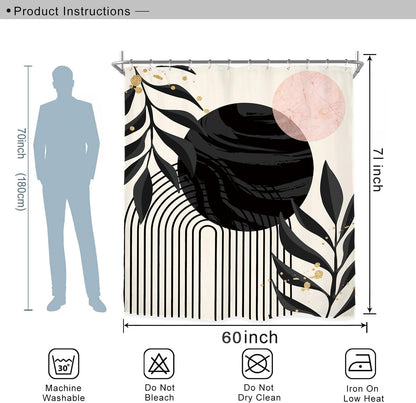 Abstract Modern Shower Curtain Set 60Wx71H Inches Minimalist Aesthetic Black Pink Contemporary Plant Leaves Neutral Polyester Waterproof Cloth Bathroom Curtain with 12 Hooks