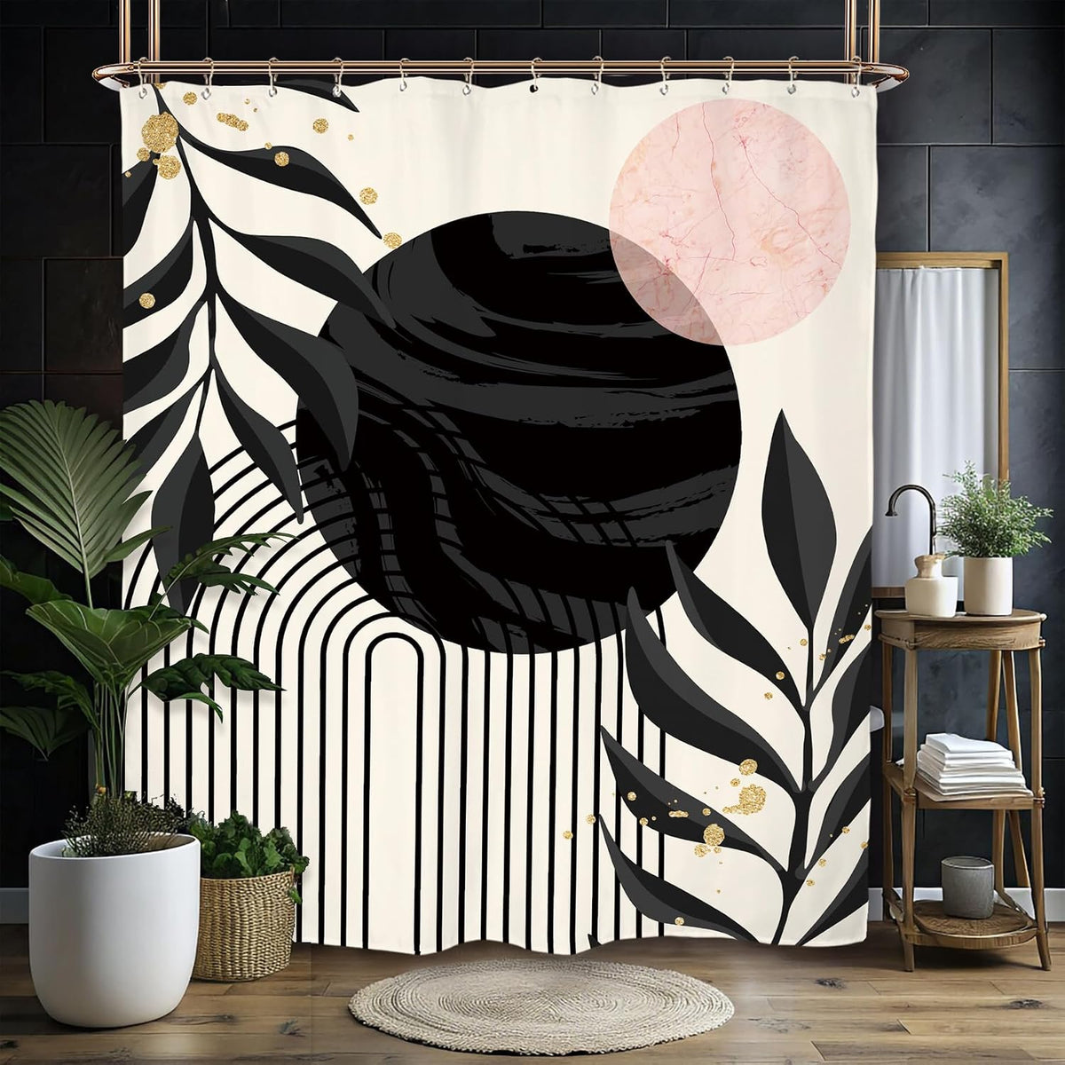 Abstract Modern Shower Curtain Set 60Wx71H Inches Minimalist Aesthetic Black Pink Contemporary Plant Leaves Neutral Polyester Waterproof Cloth Bathroom Curtain with 12 Hooks