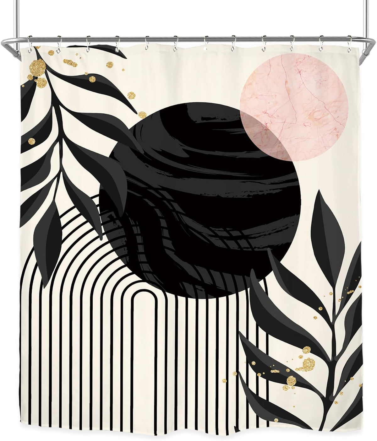 Abstract Modern Shower Curtain Set 60Wx71H Inches Minimalist Aesthetic Black Pink Contemporary Plant Leaves Neutral Polyester Waterproof Cloth Bathroom Curtain with 12 Hooks