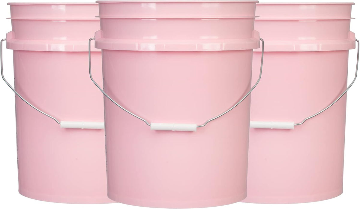 5 Gallon Pink Food Grade Plastic Storage Bucket (Pack of 3) Made in USA (Pink Buckets Without Lids)