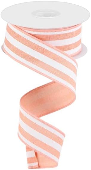 Craig Bachman 1.5" x 10 Yards Peach and White Vertical Stripe Royal Burlap Wired Edge Ribbon, Striped Fabric Ribbon for Wreaths, Spring Summer Decor, RGC156221