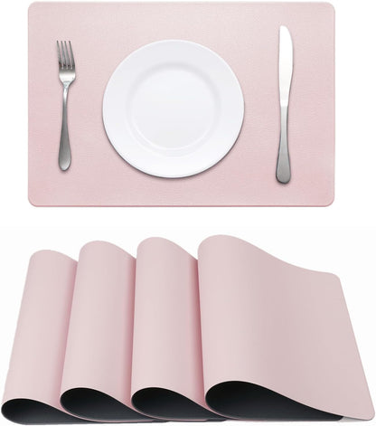 Faux Leather Placemats Pink and Grey Table Place Mats Set of 4 Waterproof Oilproof Heat Stain Resistant Washable Wipeable Placemat for Kitchen Dining Table Decoration Indoor Outdoor
