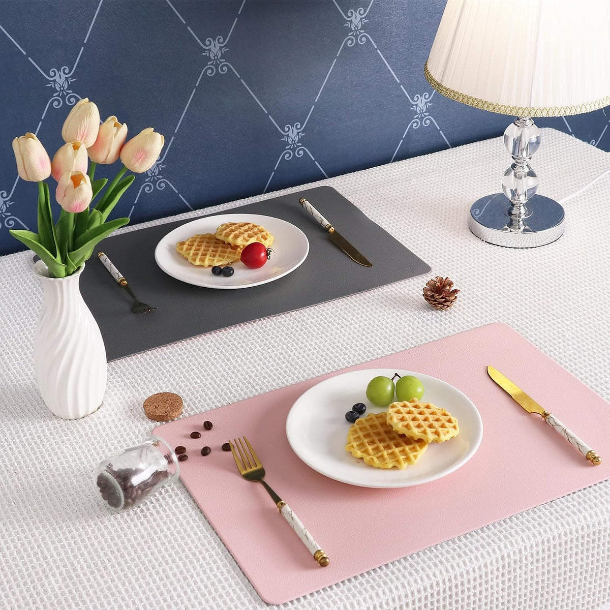 Faux Leather Placemats Pink and Grey Table Place Mats Set of 4 Waterproof Oilproof Heat Stain Resistant Washable Wipeable Placemat for Kitchen Dining Table Decoration Indoor Outdoor