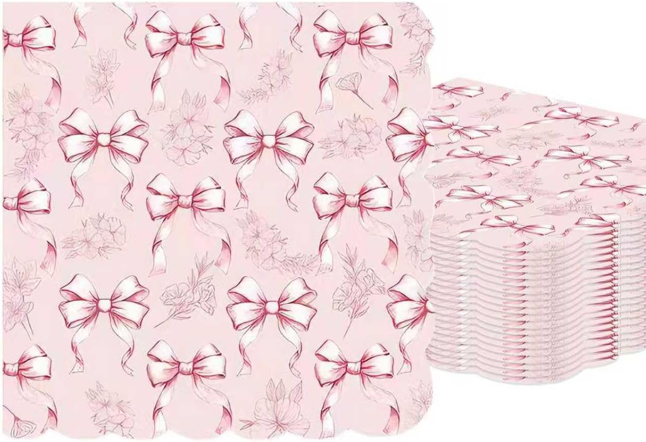 50PCS Pink Bow Napkins Scalloped Disposable Paper Coquette Bow Cocktail Napkins for Girls Birthday, Baby Shower, Bridal Shower, Wedding,Bachelorette Party Table Decorations
