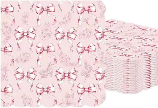 50PCS Pink Bow Napkins Scalloped Disposable Paper Coquette Bow Cocktail Napkins for Girls Birthday, Baby Shower, Bridal Shower, Wedding,Bachelorette Party Table Decorations