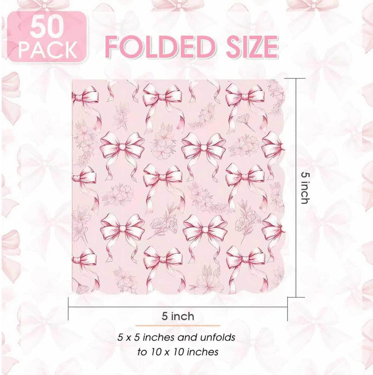 50PCS Pink Bow Napkins Scalloped Disposable Paper Coquette Bow Cocktail Napkins for Girls Birthday, Baby Shower, Bridal Shower, Wedding,Bachelorette Party Table Decorations
