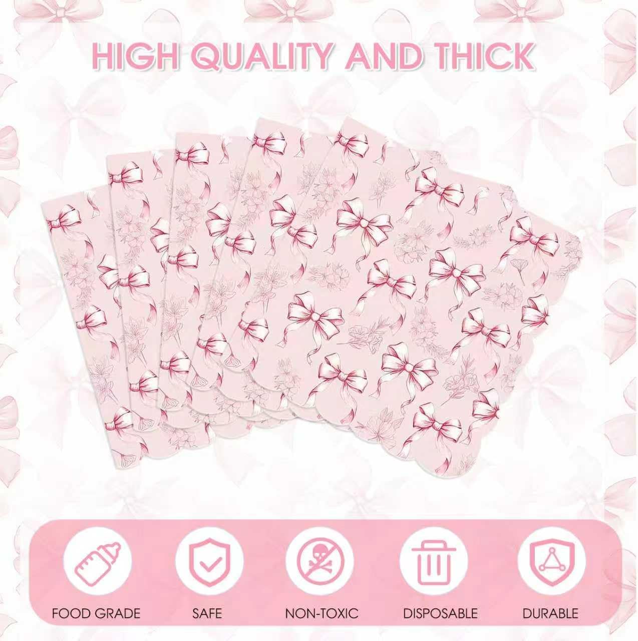 50PCS Pink Bow Napkins Scalloped Disposable Paper Coquette Bow Cocktail Napkins for Girls Birthday, Baby Shower, Bridal Shower, Wedding,Bachelorette Party Table Decorations