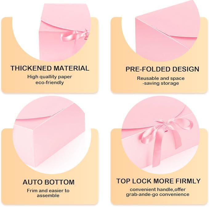 12 PCS Gift Boxes with Lids, 10x7.5x3.5 Inch Paper Gift Box, with Ribbon, Bridesmaid Proposal Box for Wedding, BirthdayPackaging, Present (Pink)