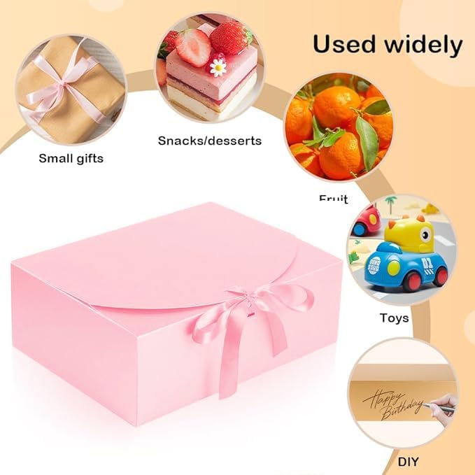 12 PCS Gift Boxes with Lids, 10x7.5x3.5 Inch Paper Gift Box, with Ribbon, Bridesmaid Proposal Box for Wedding, BirthdayPackaging, Present (Pink)