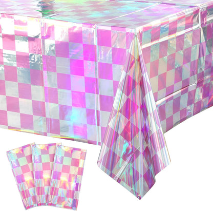 3 Pack Pink and Iridescent Checkered Plastic Tablecloth, Shiny Disposable Laser Rectangle Table Covers, Holographic Foil Tablecloth Iridescent Party Decorations for Picnic Camping Outdoor, 54x108Inch