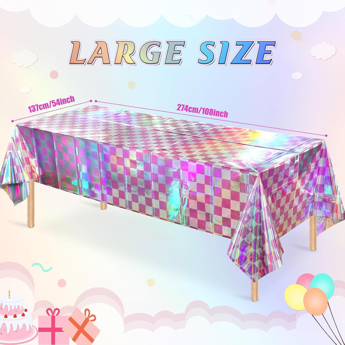 3 Pack Pink and Iridescent Checkered Plastic Tablecloth, Shiny Disposable Laser Rectangle Table Covers, Holographic Foil Tablecloth Iridescent Party Decorations for Picnic Camping Outdoor, 54x108Inch
