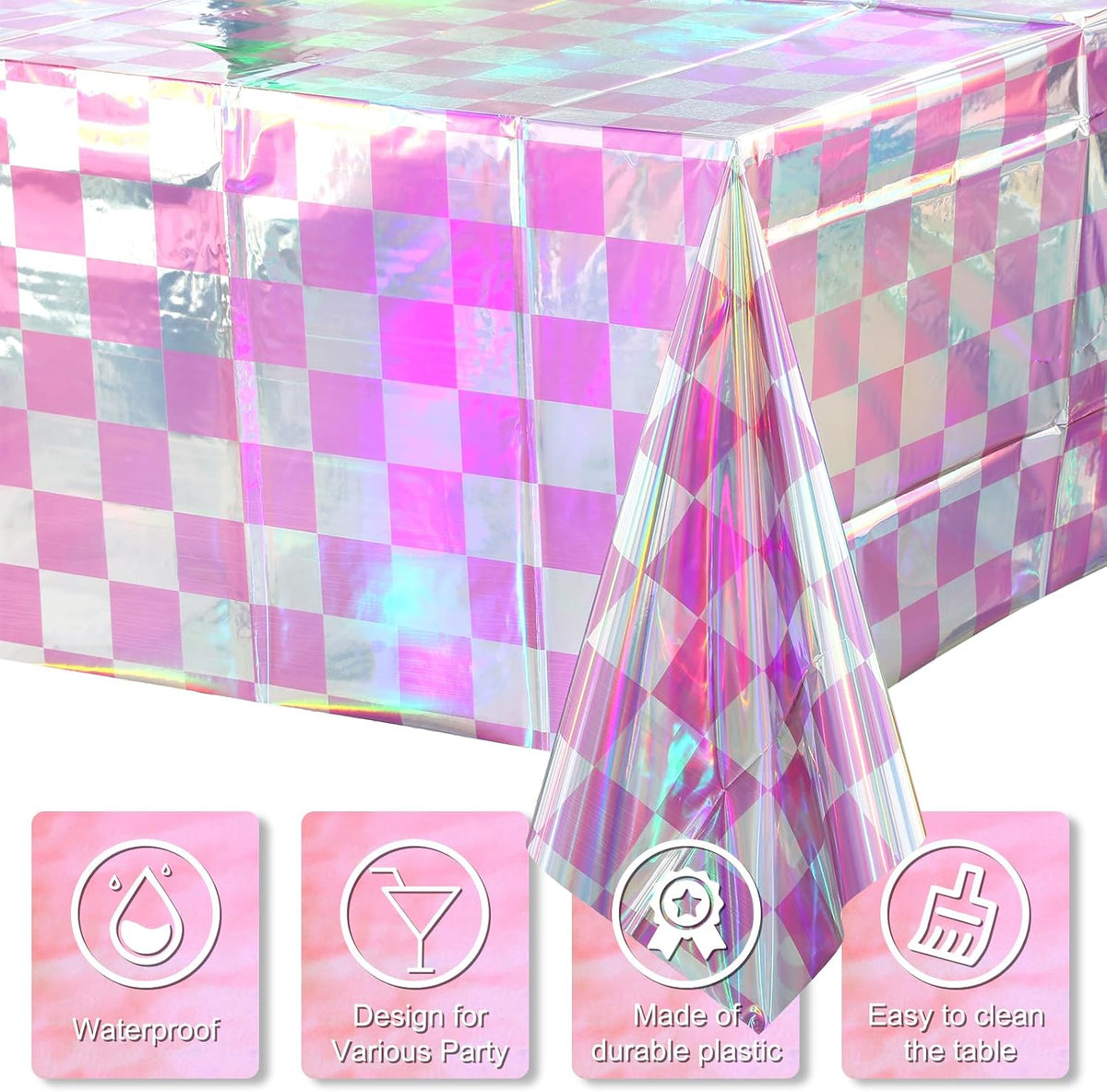 3 Pack Pink and Iridescent Checkered Plastic Tablecloth, Shiny Disposable Laser Rectangle Table Covers, Holographic Foil Tablecloth Iridescent Party Decorations for Picnic Camping Outdoor, 54x108Inch