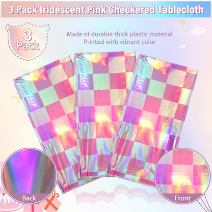 3 Pack Pink and Iridescent Checkered Plastic Tablecloth, Shiny Disposable Laser Rectangle Table Covers, Holographic Foil Tablecloth Iridescent Party Decorations for Picnic Camping Outdoor, 54x108Inch