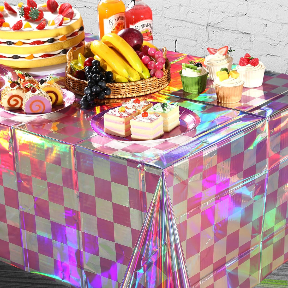 3 Pack Pink and Iridescent Checkered Plastic Tablecloth, Shiny Disposable Laser Rectangle Table Covers, Holographic Foil Tablecloth Iridescent Party Decorations for Picnic Camping Outdoor, 54x108Inch