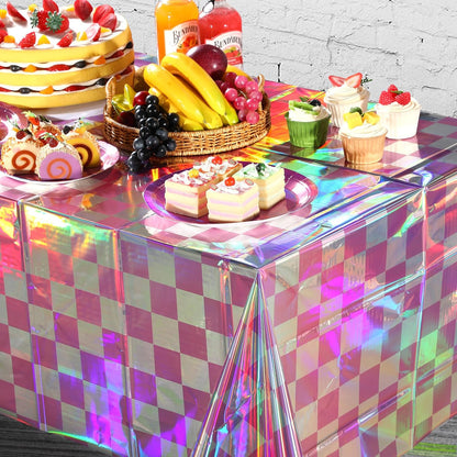 3 Pack Pink and Iridescent Checkered Plastic Tablecloth, Shiny Disposable Laser Rectangle Table Covers, Holographic Foil Tablecloth Iridescent Party Decorations for Picnic Camping Outdoor, 54x108Inch