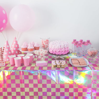3 Pack Pink and Iridescent Checkered Plastic Tablecloth, Shiny Disposable Laser Rectangle Table Covers, Holographic Foil Tablecloth Iridescent Party Decorations for Picnic Camping Outdoor, 54x108Inch