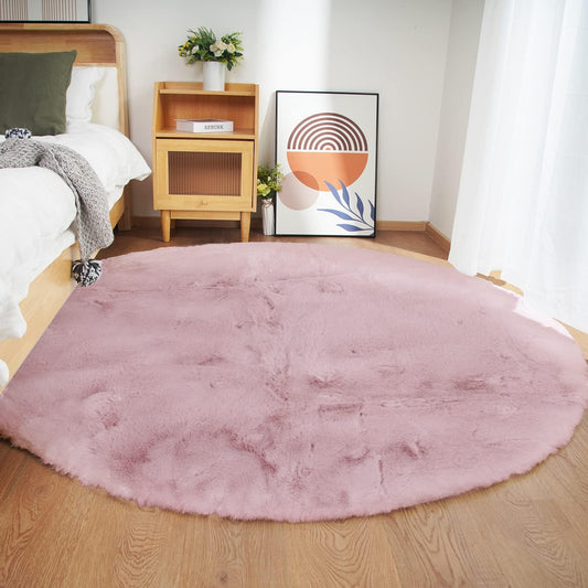 Faux Rabbit Fur Round Rug 5ft Pink Round Rugs for Bedroom Decor Fluffy Area Rugs for Living Room, no-Shedding Carpet Sheepskin Washable Rug Rome Decor