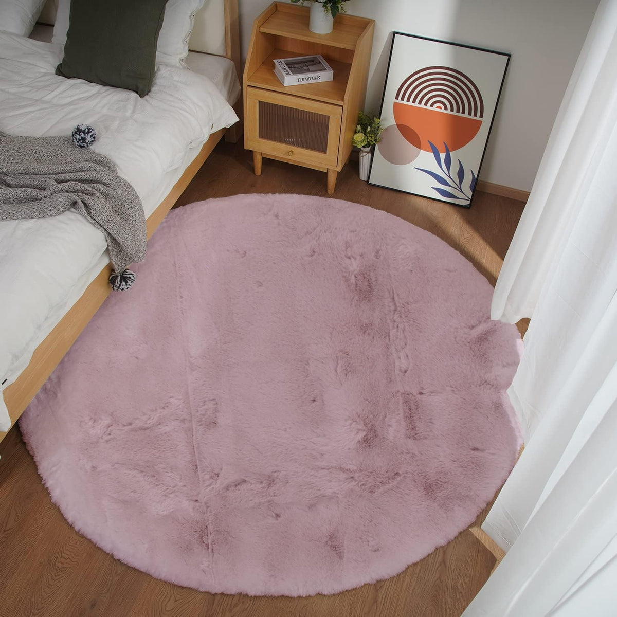 Faux Rabbit Fur Round Rug 5ft Pink Round Rugs for Bedroom Decor Fluffy Area Rugs for Living Room, no-Shedding Carpet Sheepskin Washable Rug Rome Decor