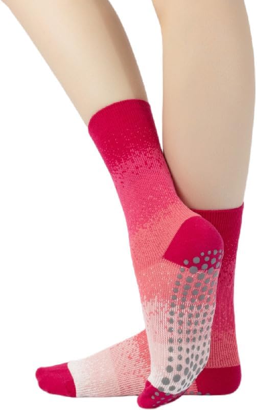 Yoga Pilates Socks with Grips for Women Non Slip Gradient Color-Blocked Cushioned Crew Socks for Barre Ballet Dance