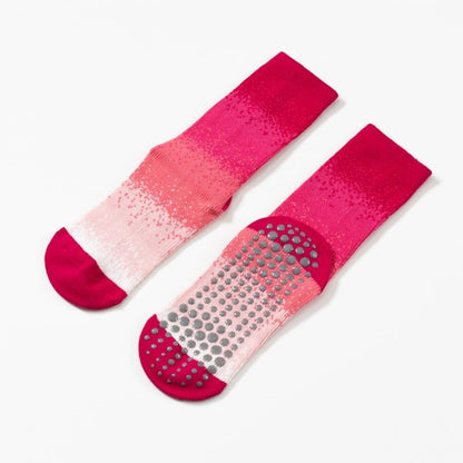 Yoga Pilates Socks with Grips for Women Non Slip Gradient Color-Blocked Cushioned Crew Socks for Barre Ballet Dance