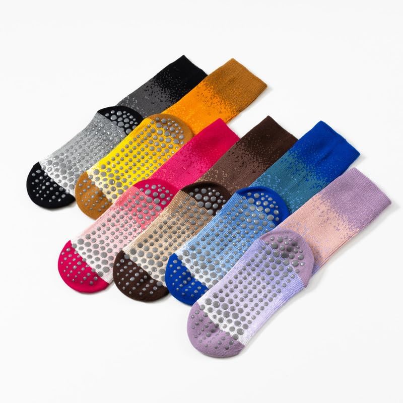 Yoga Pilates Socks with Grips for Women Non Slip Gradient Color-Blocked Cushioned Crew Socks for Barre Ballet Dance