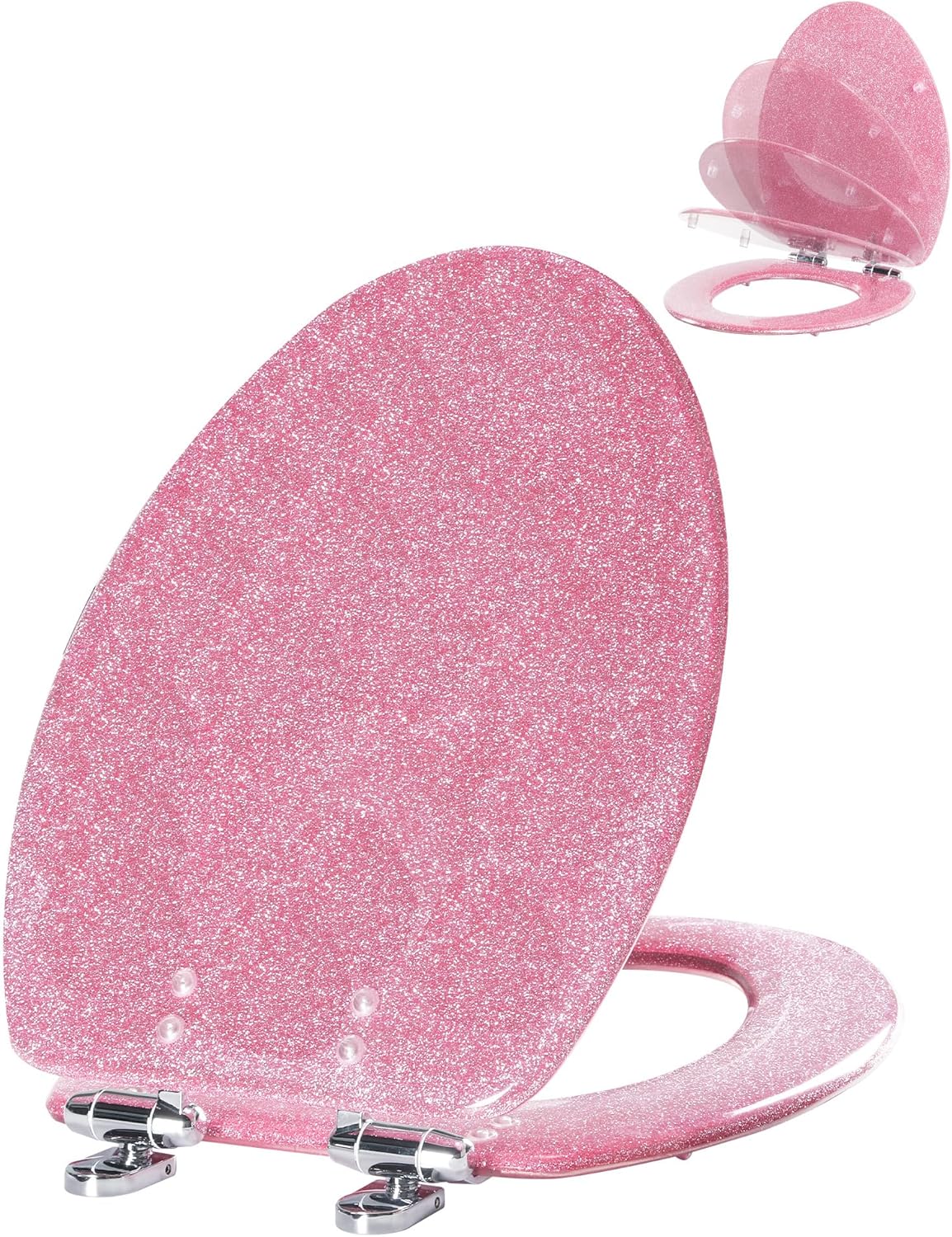 ELONGATED Pink Glitter Resin Slow Close Toilet Seat 18.5Inch