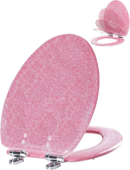 ELONGATED Pink Glitter Resin Slow Close Toilet Seat 18.5Inch