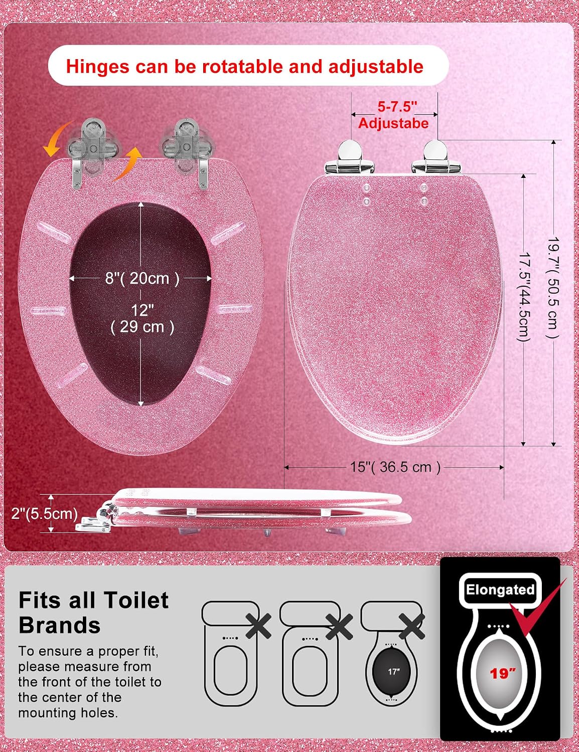 ELONGATED Pink Glitter Resin Slow Close Toilet Seat 18.5Inch