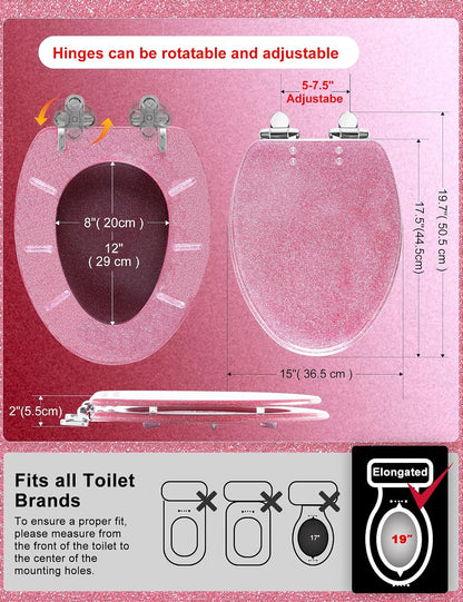 ELONGATED Pink Glitter Resin Slow Close Toilet Seat 18.5Inch