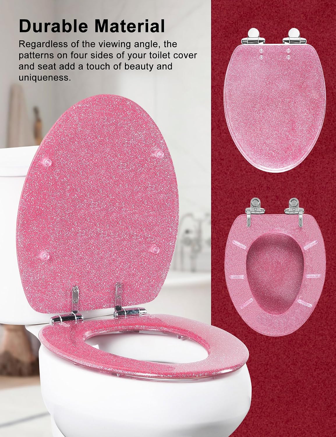 ELONGATED Pink Glitter Resin Slow Close Toilet Seat 18.5Inch